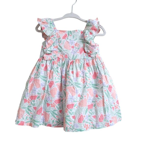 New & EUC 9 Month Girl Lot of 2 Dresses Layered Floral Ruffle Sleeves Cotton - Picture 5 of 16